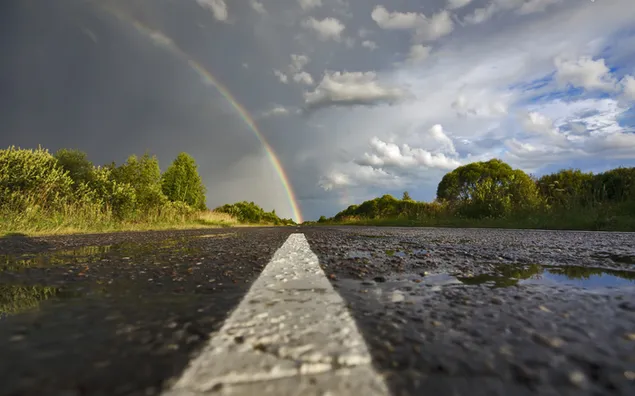 雨上がりの白い縞模様の道と虹を埋め尽くす雨水