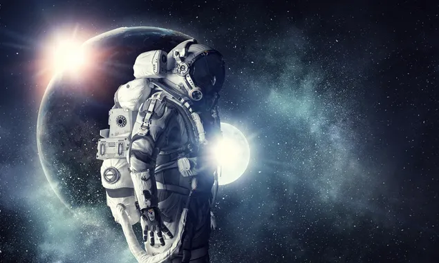 月と地球の前に横向きに立っている雄大な宇宙飛行士 ダウンロード