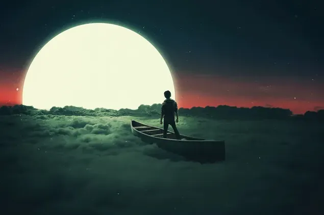 雲の上のボートで空と満月を見ている若者のシルエット