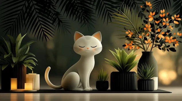 חתול מצויר זן בין ירק שופע ותאורה עדינה 2K טפט