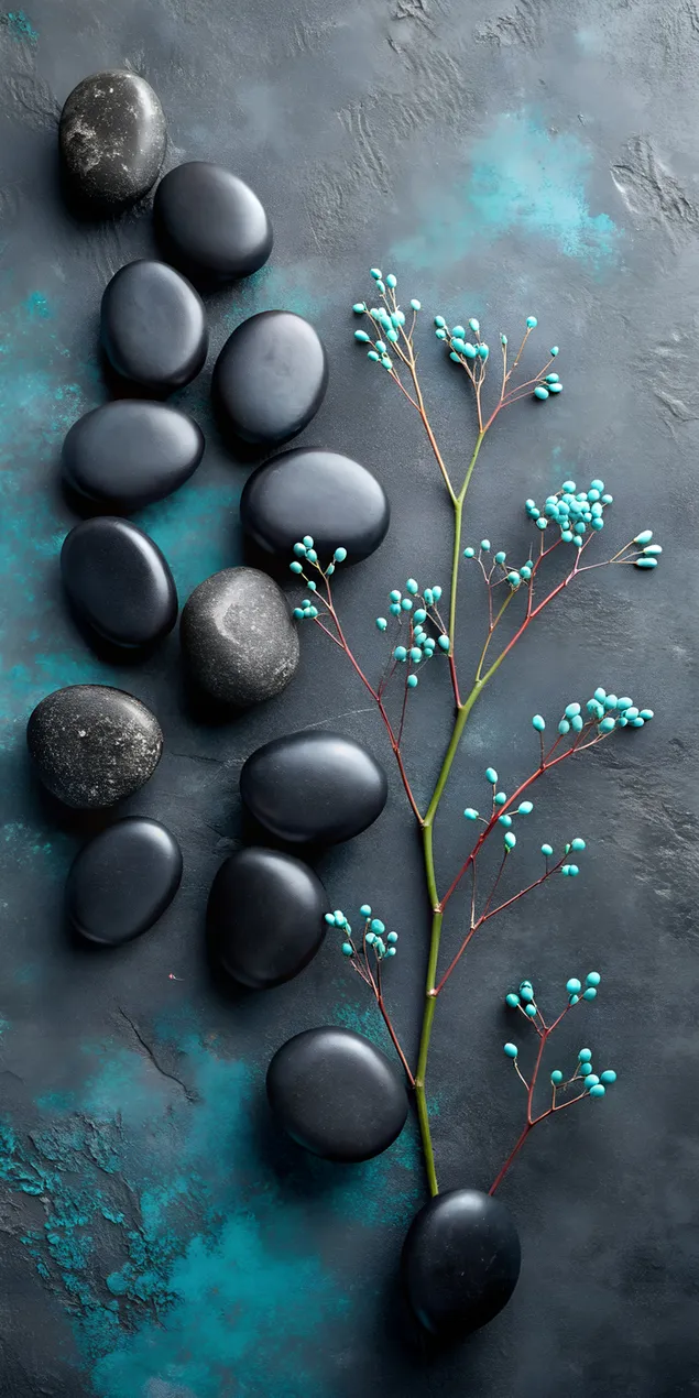 Komposisi batu Zen dan bunga biru untuk kesehatan dan kebugaran 2K wallpaper