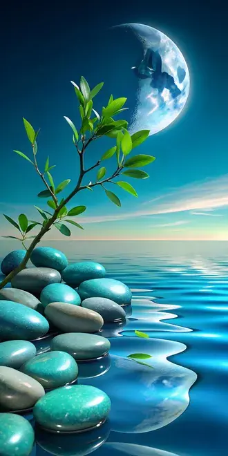Batu Zen di Tepi Bulan, Pemandangan Malam yang Damai 2K wallpaper
