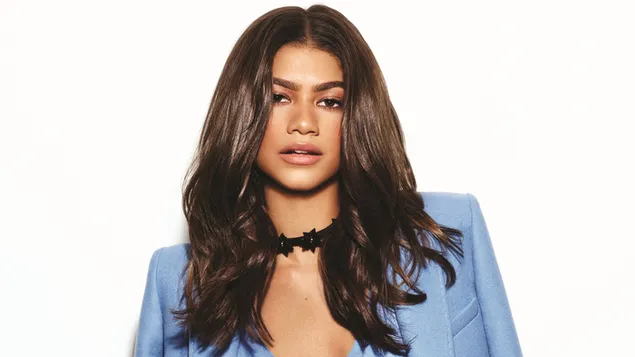 Zendaya pretty young woman with black long hair in blue jacket