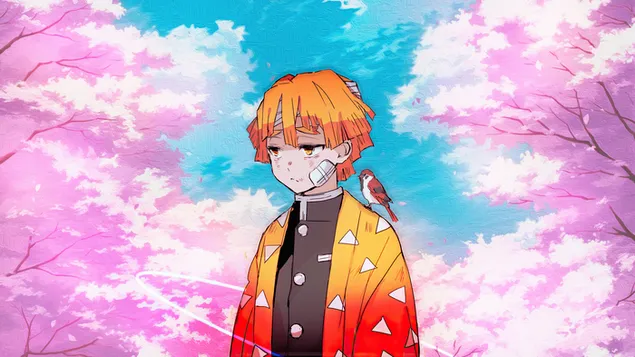 zenitsu med en fugl i kirsebaerblomst | daemondraeber download