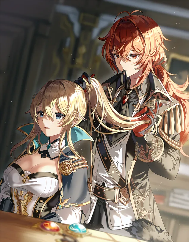 Zhongli си играе със златната коса на Lumine | Ganshin Impact 2K тапет