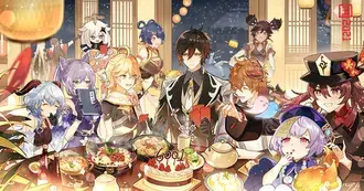 La fête d'anniversaire de Zhongli mets délicieux et gâteaux | Impact de Ganshin 2K fond d'écran
