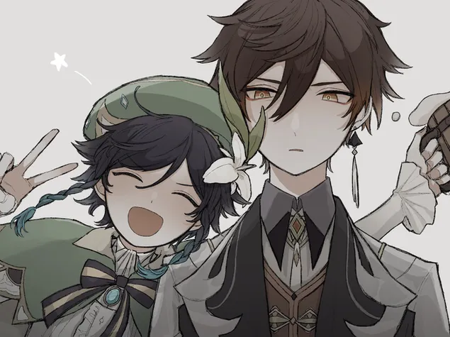 Zhongli & Venti 自拍姿勢 | 甘信衝擊 2K 壁紙