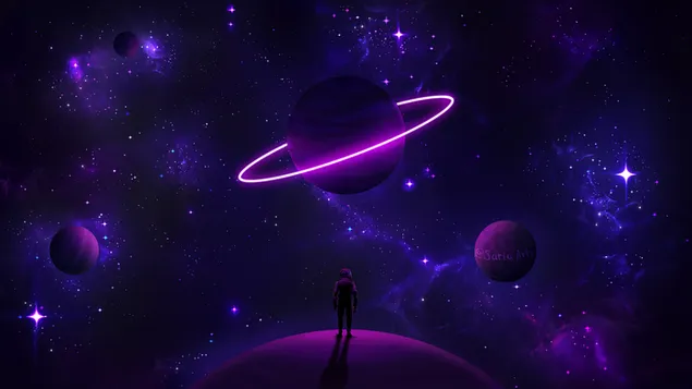 紫色の惑星を見ている宇宙飛行士