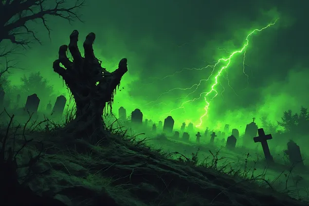 una mano di zombie esce dalla tomba sotto un fulmine, una nebbia verde inquietante e luminosa riempie il cimitero'' scarica