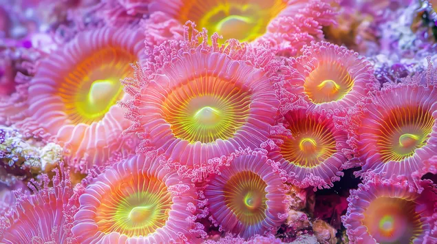 Увеличени коралови полипи, излъчващи розови и лилави нюанси 4K тапет