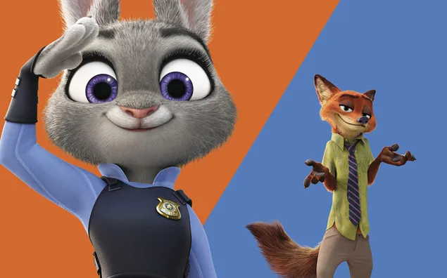zootropolis cidade dos animais personagens de filmes animados bunny cop juddy hopps e fox nick wilde cartaz de cor azul e laranja 2K papel de parede