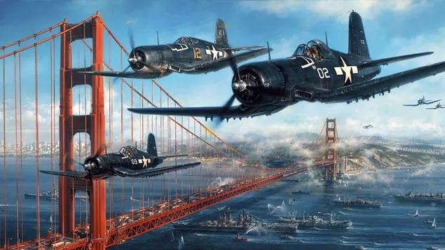 Zwarte gevechtsvliegtuigen bij de Golden Gate Bridge