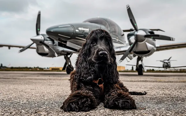 Zwarte harige hond met een vliegtuigachtergrond